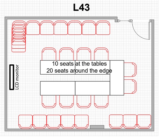 L43 meeting room layout 10 seats at table 20 seats around edge