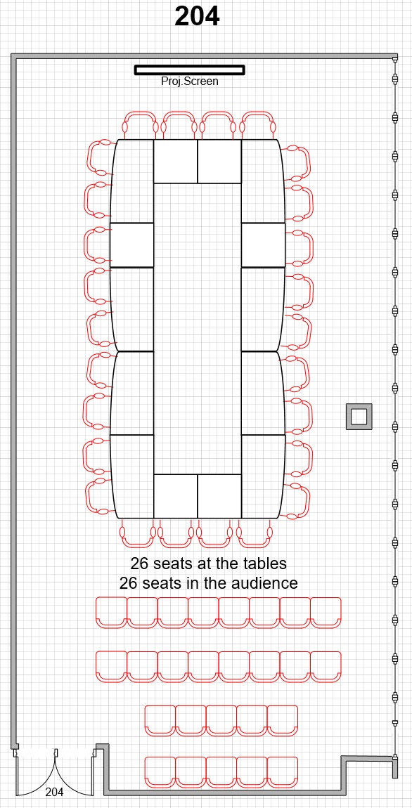204 meeting room layout 26 chairs at tables and 26 chairs in audience area