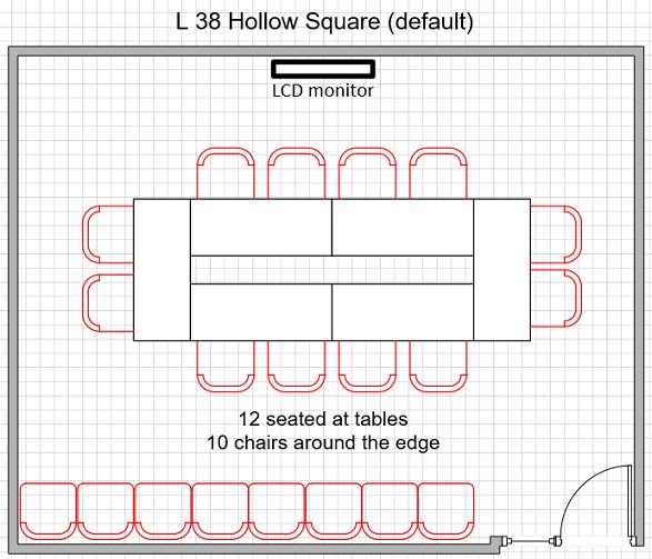 L38 meeting room 12 seats at tables in a closed square with 10 chairs around the edge of the room