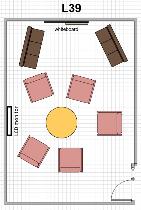 Meeting room L39 layout 5 arm chairs arranged in a circle with four more seats near a whiteboard. This room is all soft seating
