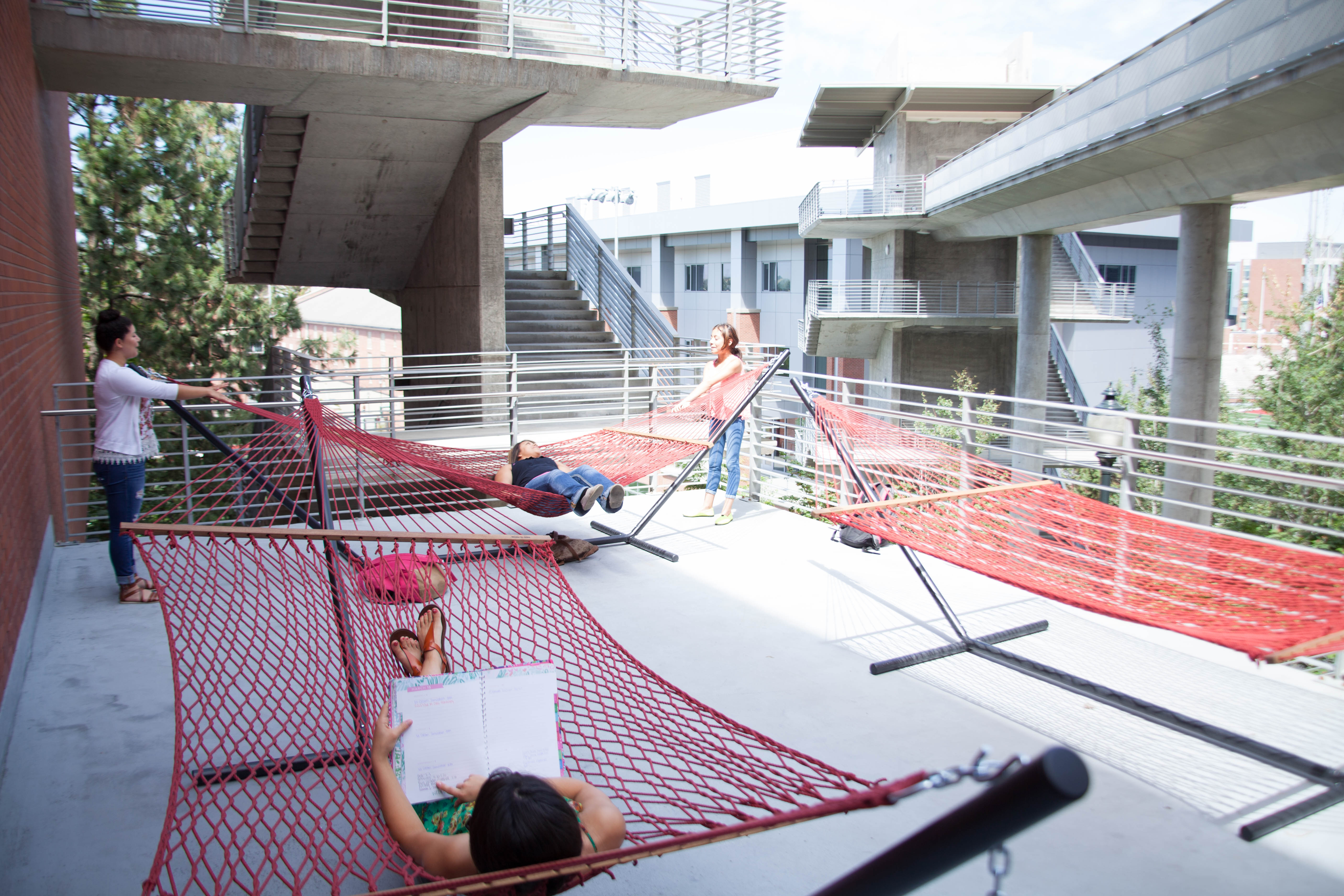 Students sitting on hammocks