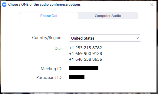 Zoom choose audio conference options screenshot